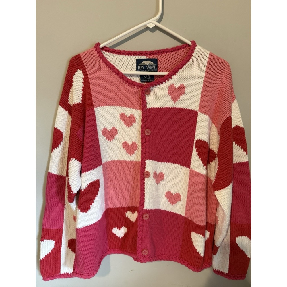VTG 90s Rey Wear‎ Bolivia Patchwork Heart Cardigan Sweater Cotton Women's M/L